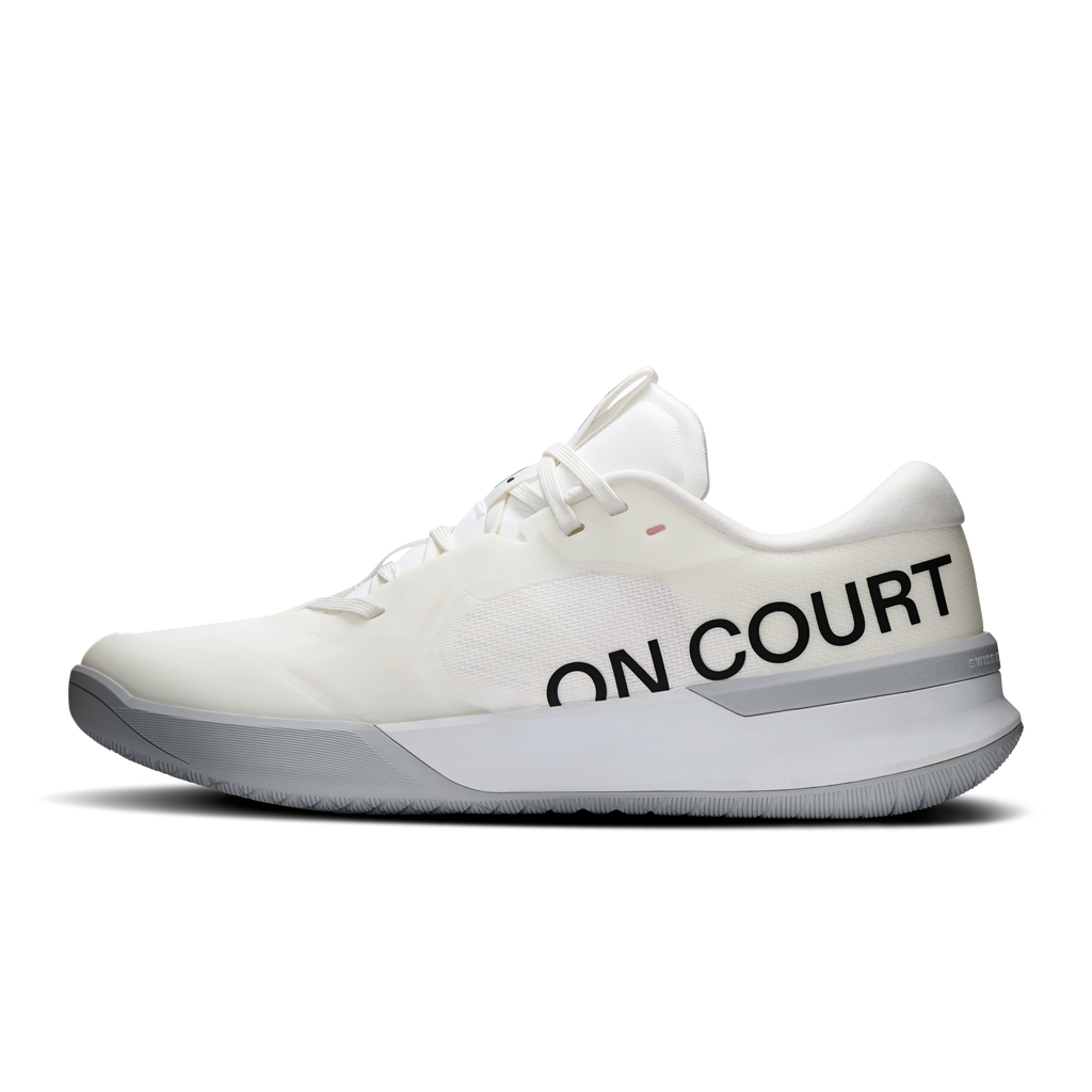 White women's court-style running shoe with 'ON COURT' side lettering and gray sole