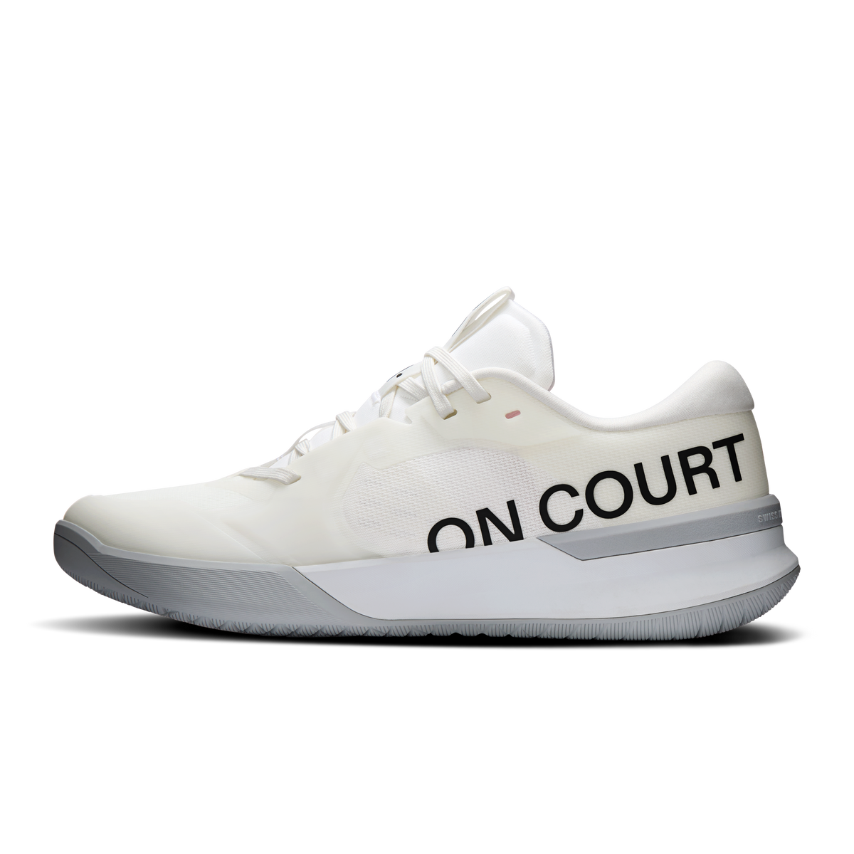 White women's court-style running shoe with 'ON COURT' side lettering and gray sole