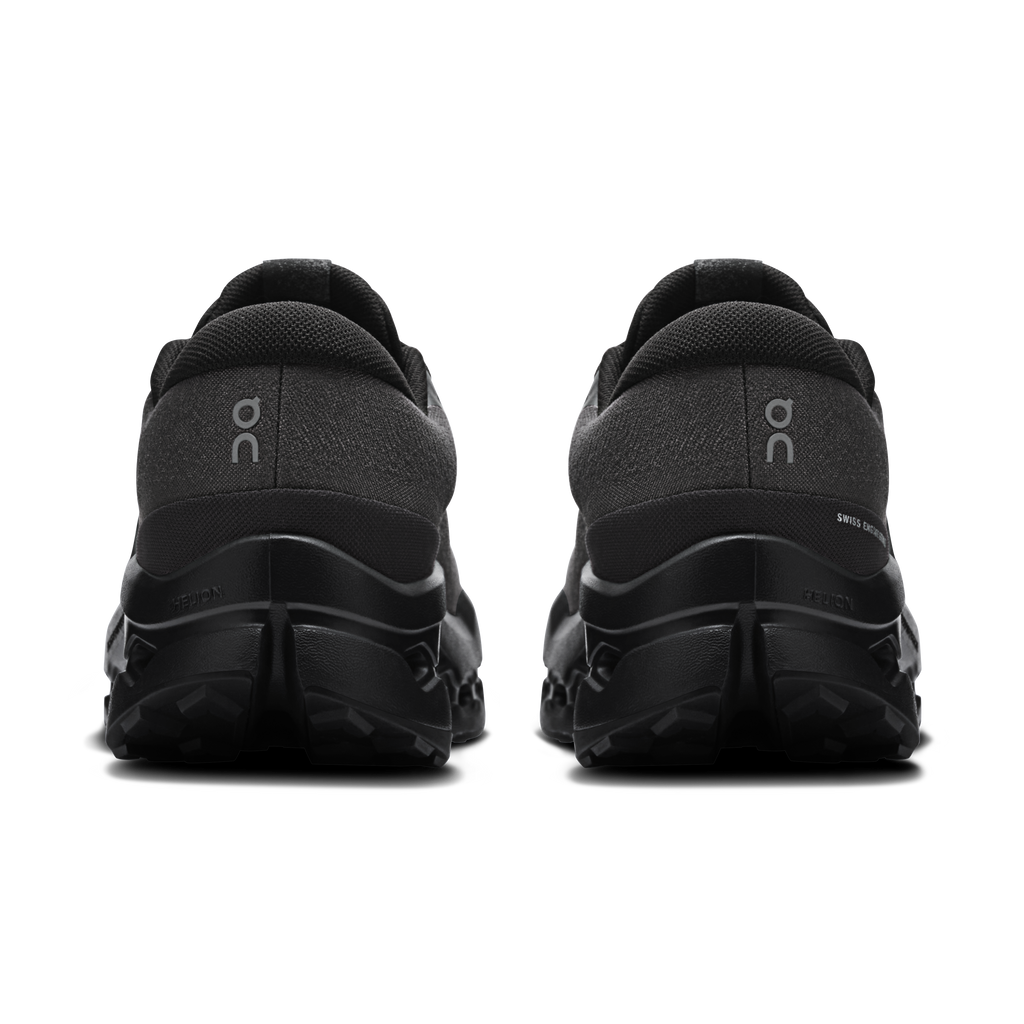 Black waterproof trail shoes, rear view with cushioned heel and On logo