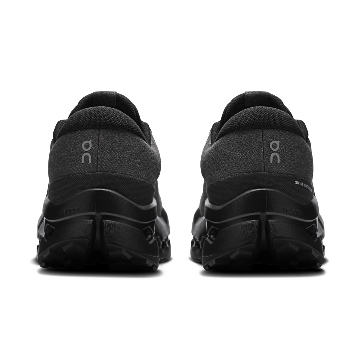 Black waterproof trail shoes, rear view with cushioned heel and On logo