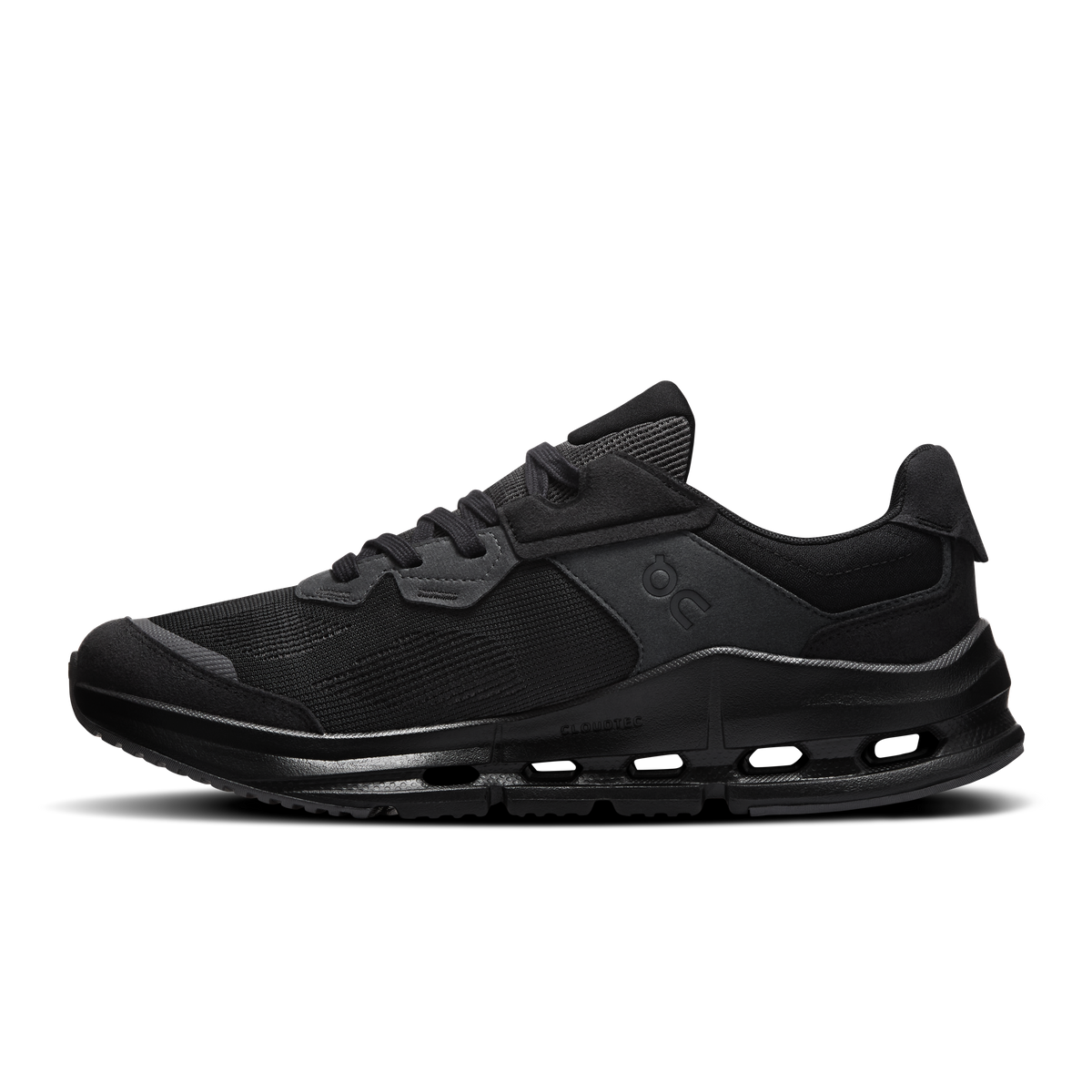 Men's black running shoes with side logo detail and CloudTec cushioning