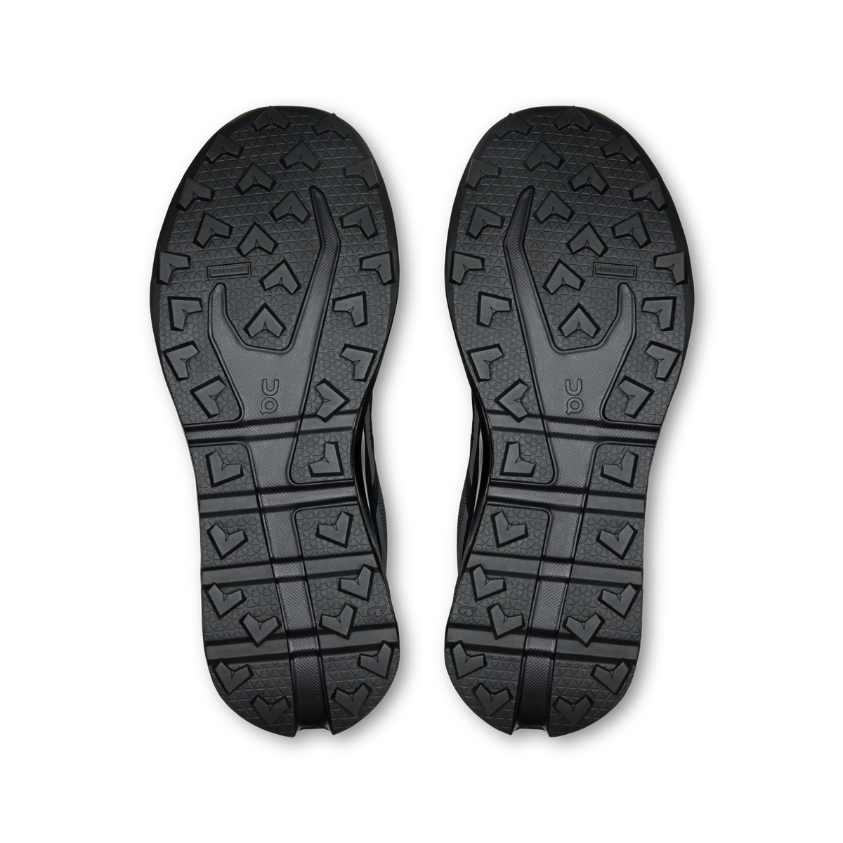Pair of black shoe outsoles with grippy tread pattern and rugged traction lugs