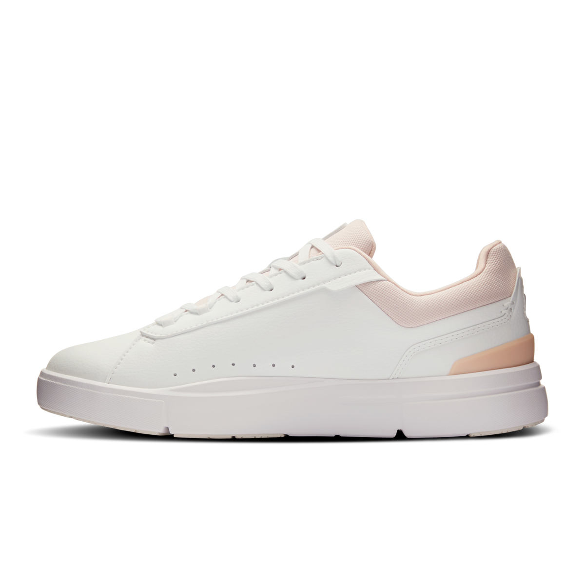 Women's On Roger Advantage shoes, white upper with rose collar accents, side view