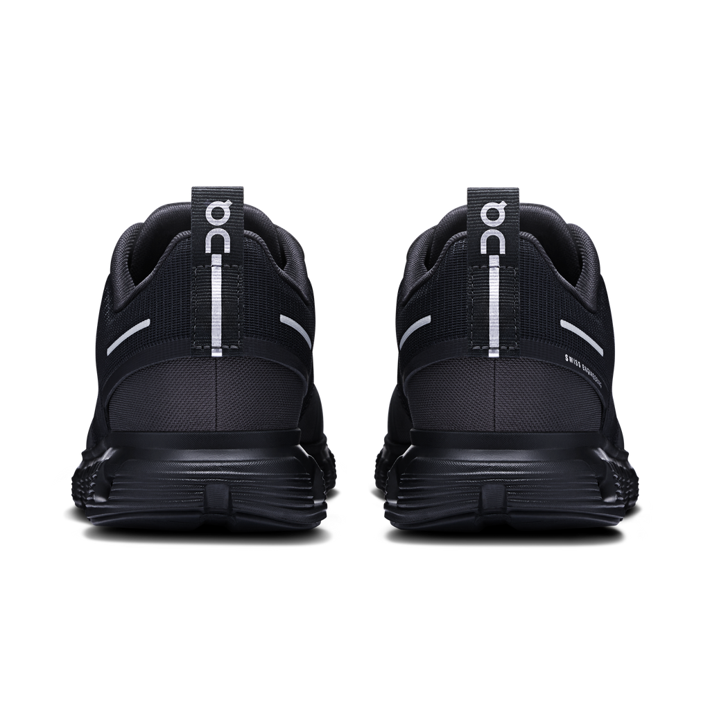 Women’s waterproof running shoes, black/ dark gray back view with heel cushioning