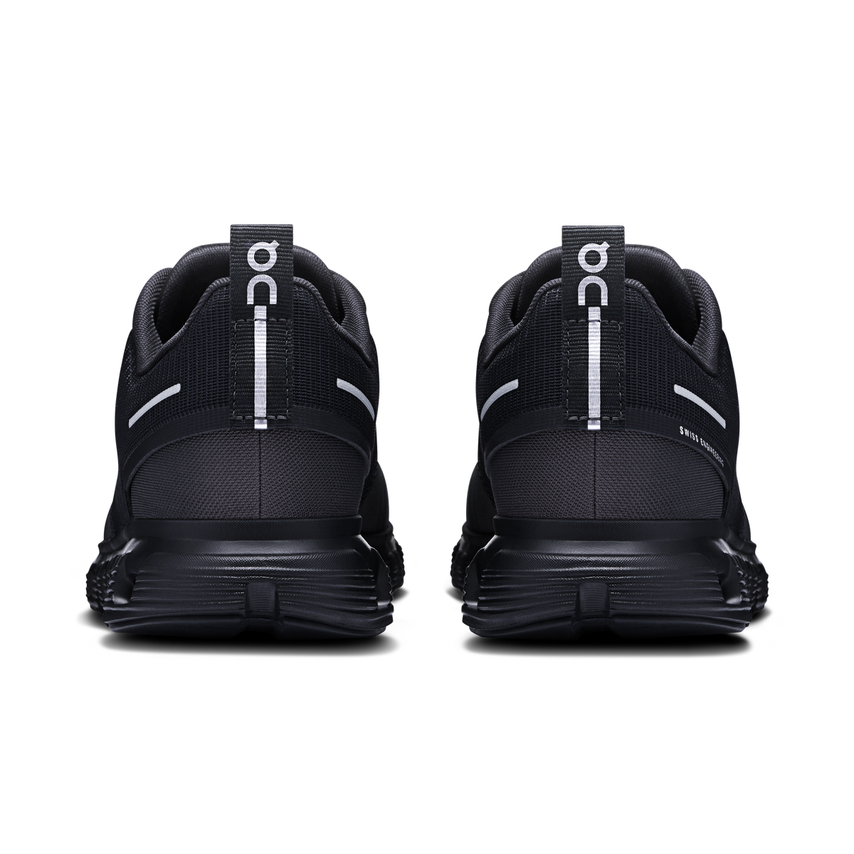 Women’s waterproof running shoes, black/ dark gray back view with heel cushioning