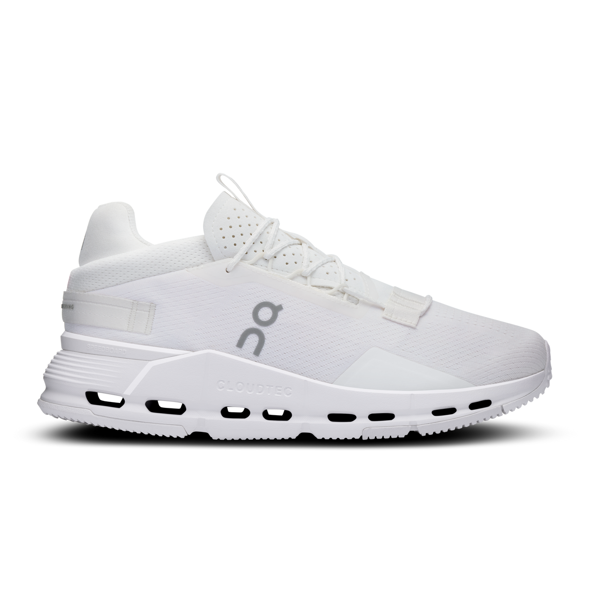 On Cloudnova 2 men's white running shoes, lace-up knit upper and CloudTec sole pods