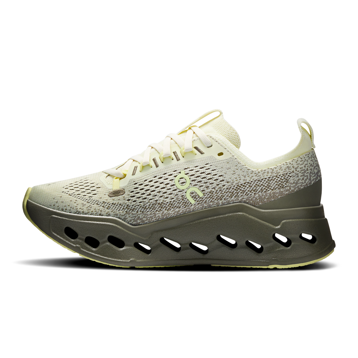 Light olive knit lace-up running shoe with thick grey midsole and CloudTec pods
