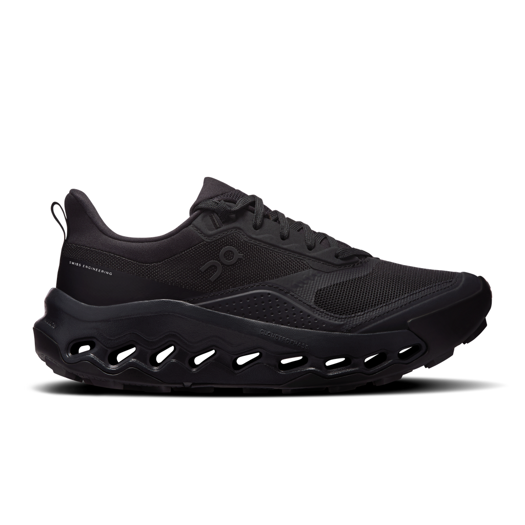 On women's Cloudhorizon 2 running shoes in black, lace-up mesh and pod sole