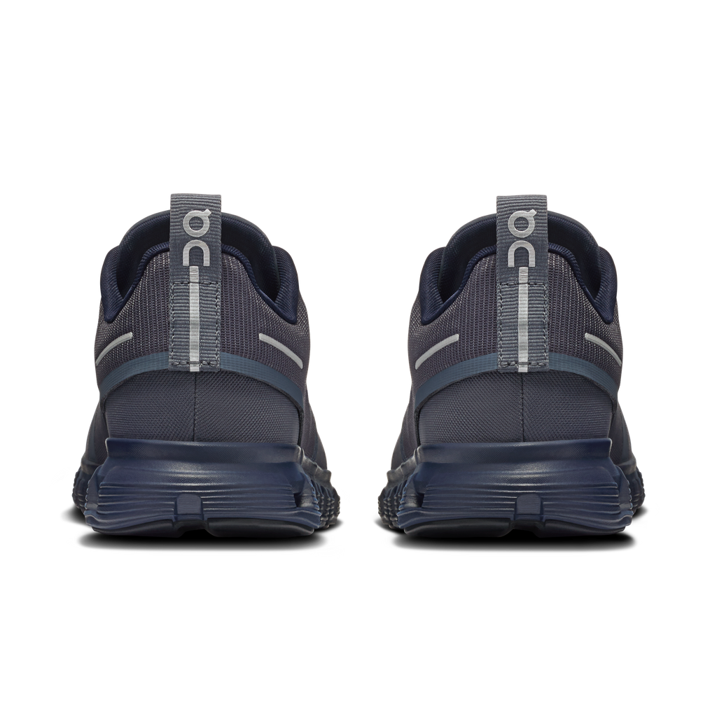 Back view of dark blue waterproof lace-up running shoes with cushioned heel