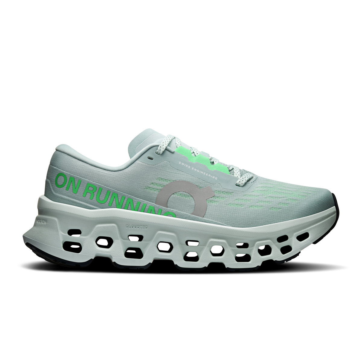 Women’s On Cloudmonster 3 running shoes, light gray-blue with mint accents and white sole.