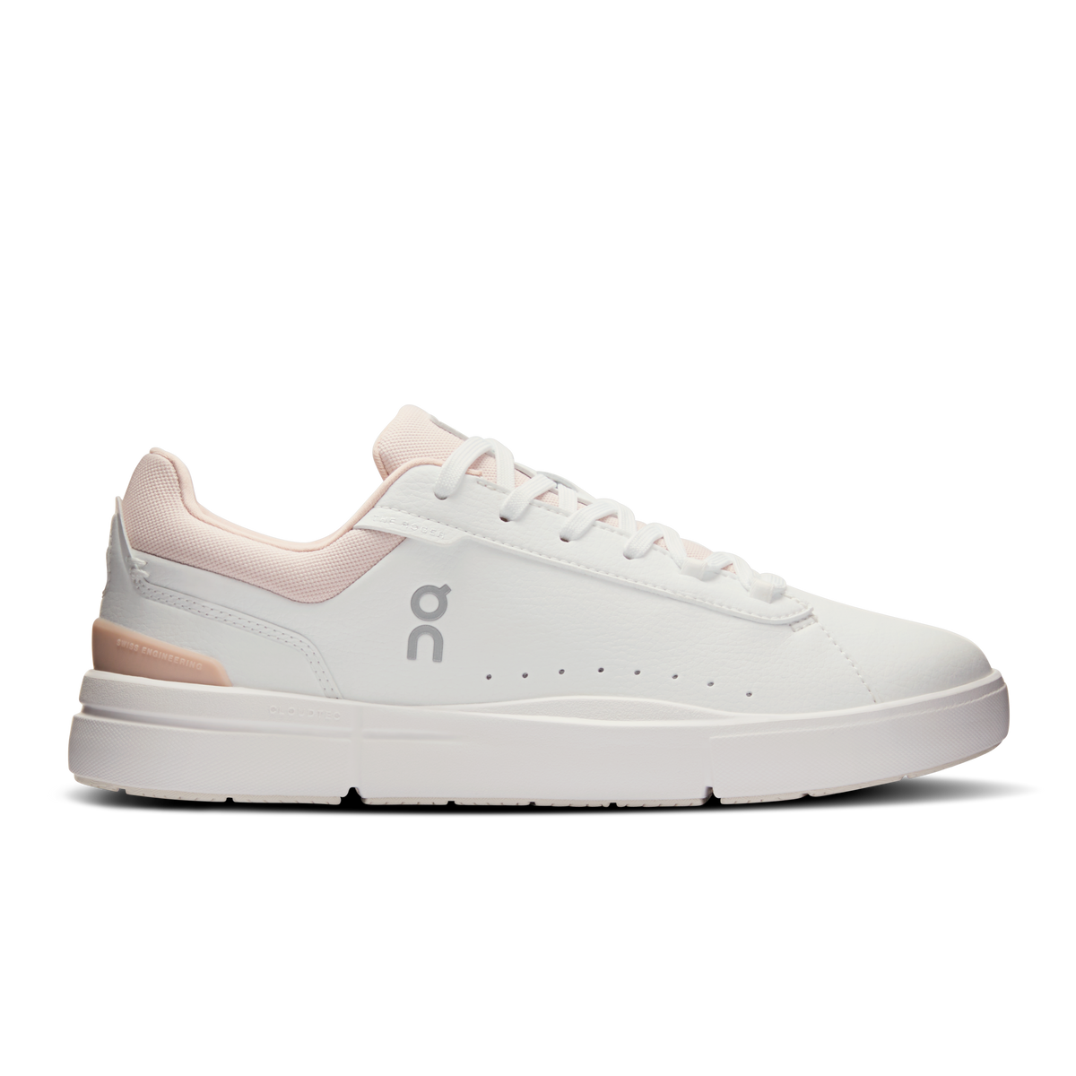 Women's On low-top lace-up shoes in white with rose trim, cushioned sole