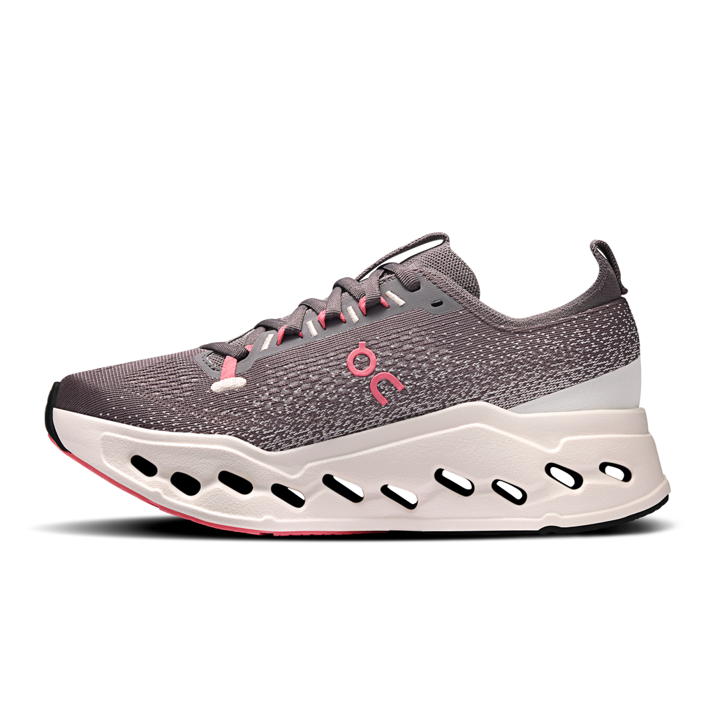 Women's On running shoes, gray textured upper, white midsole with black cutouts