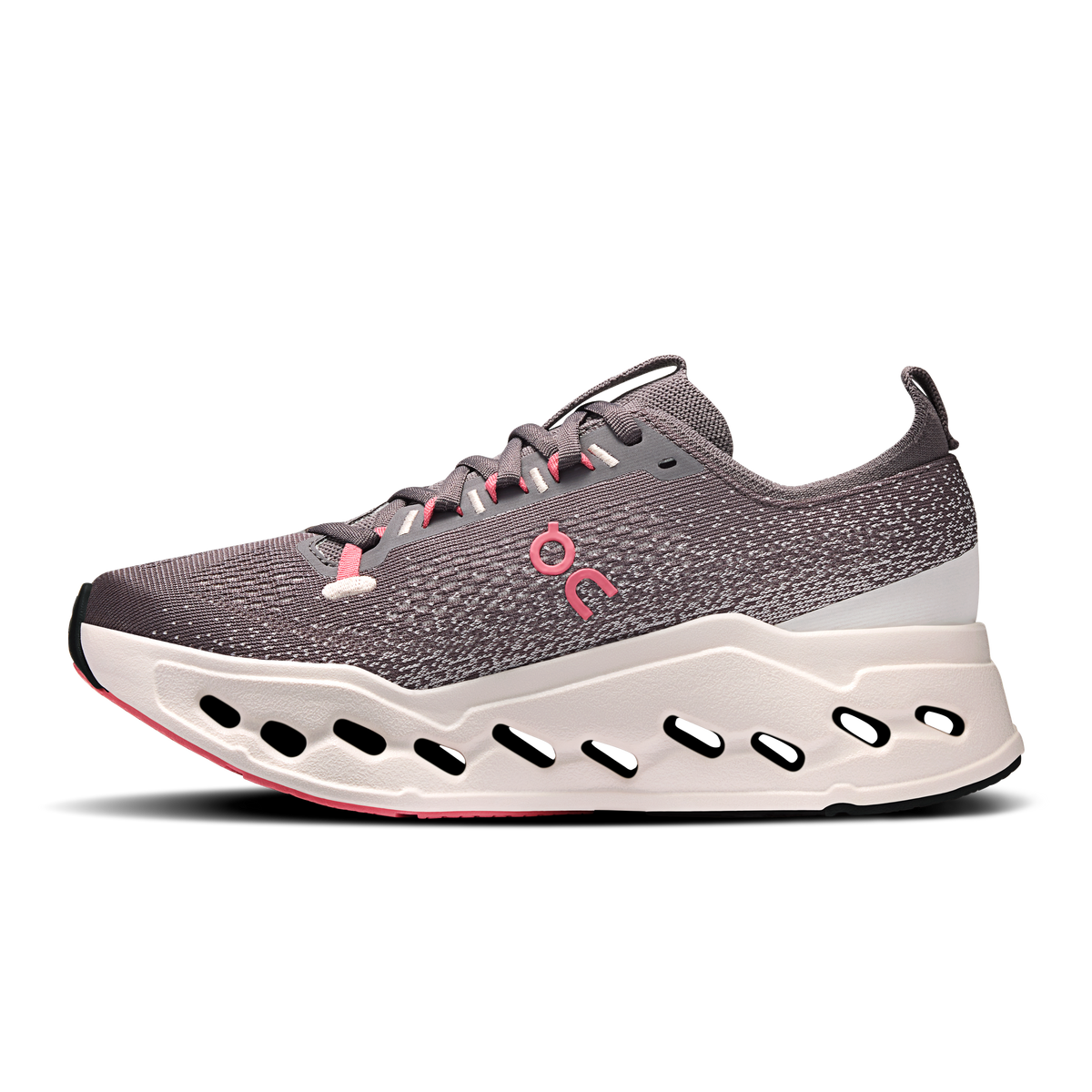 Women's On running shoes, gray textured upper, white midsole with black cutouts