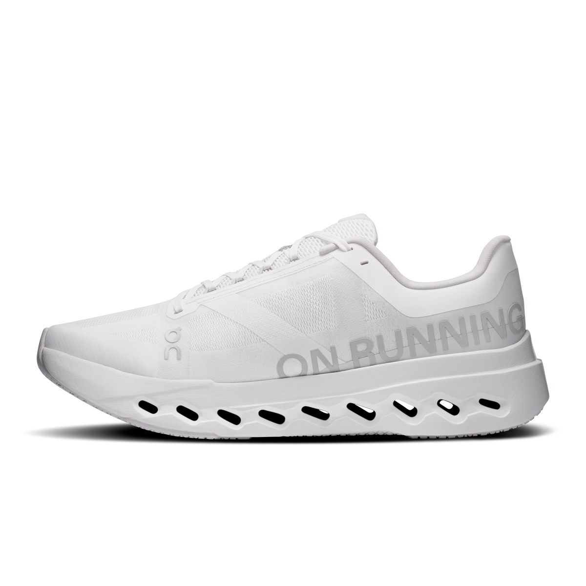 On Cloudsurfer Next men's running shoes, heel and side in white with ON branding
