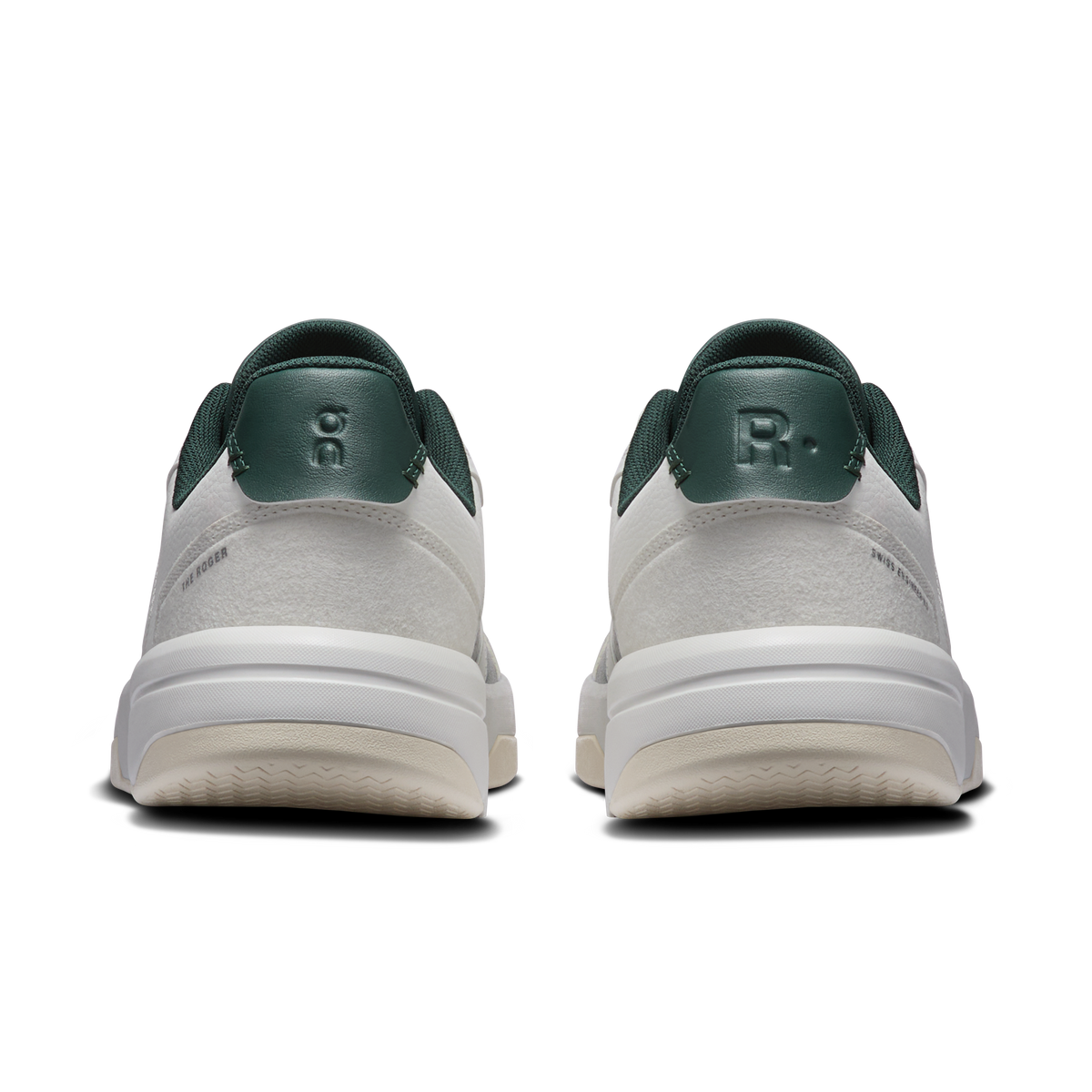 Men's sneakers heel view in ivory with olive back tab and cushioned collar