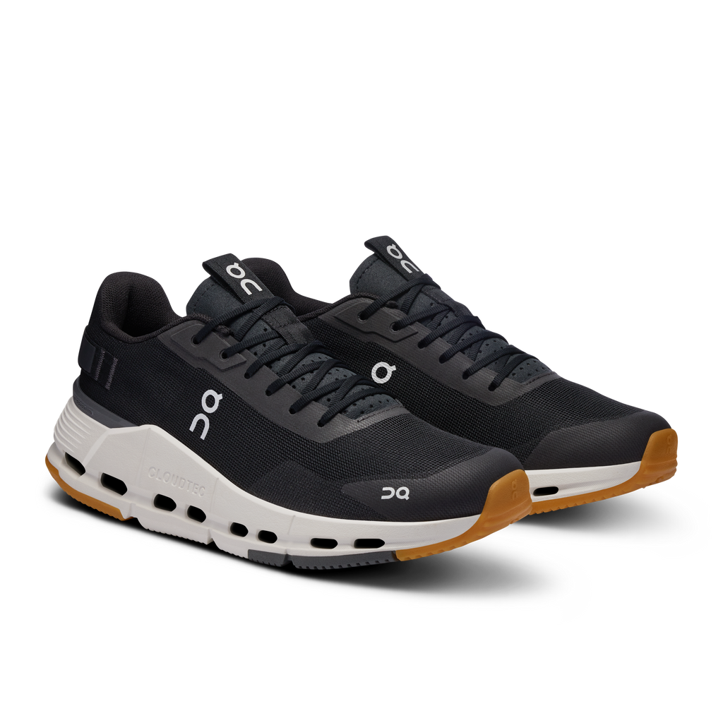 On Cloudnova women's running shoes, black mesh upper with ivory midsole pods