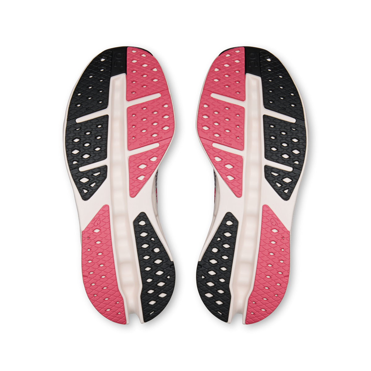 Shoe outsoles pair, black and pink tread with white center pods