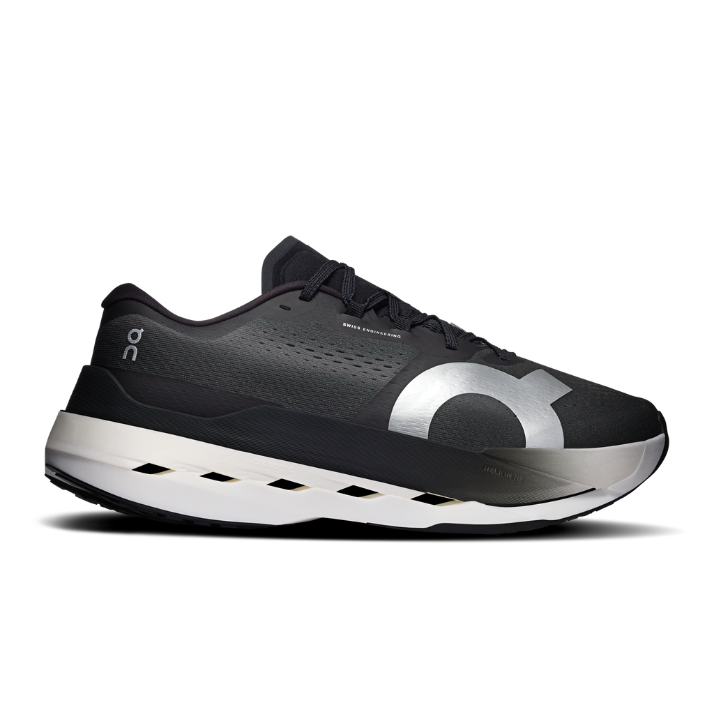 On Cloudboom Max men's running shoes, black knit upper and white cloud sole