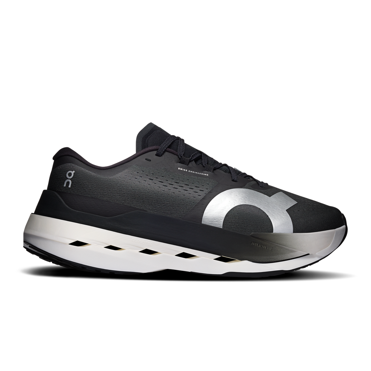 On Cloudboom Max men's running shoes, black knit upper and white cloud sole