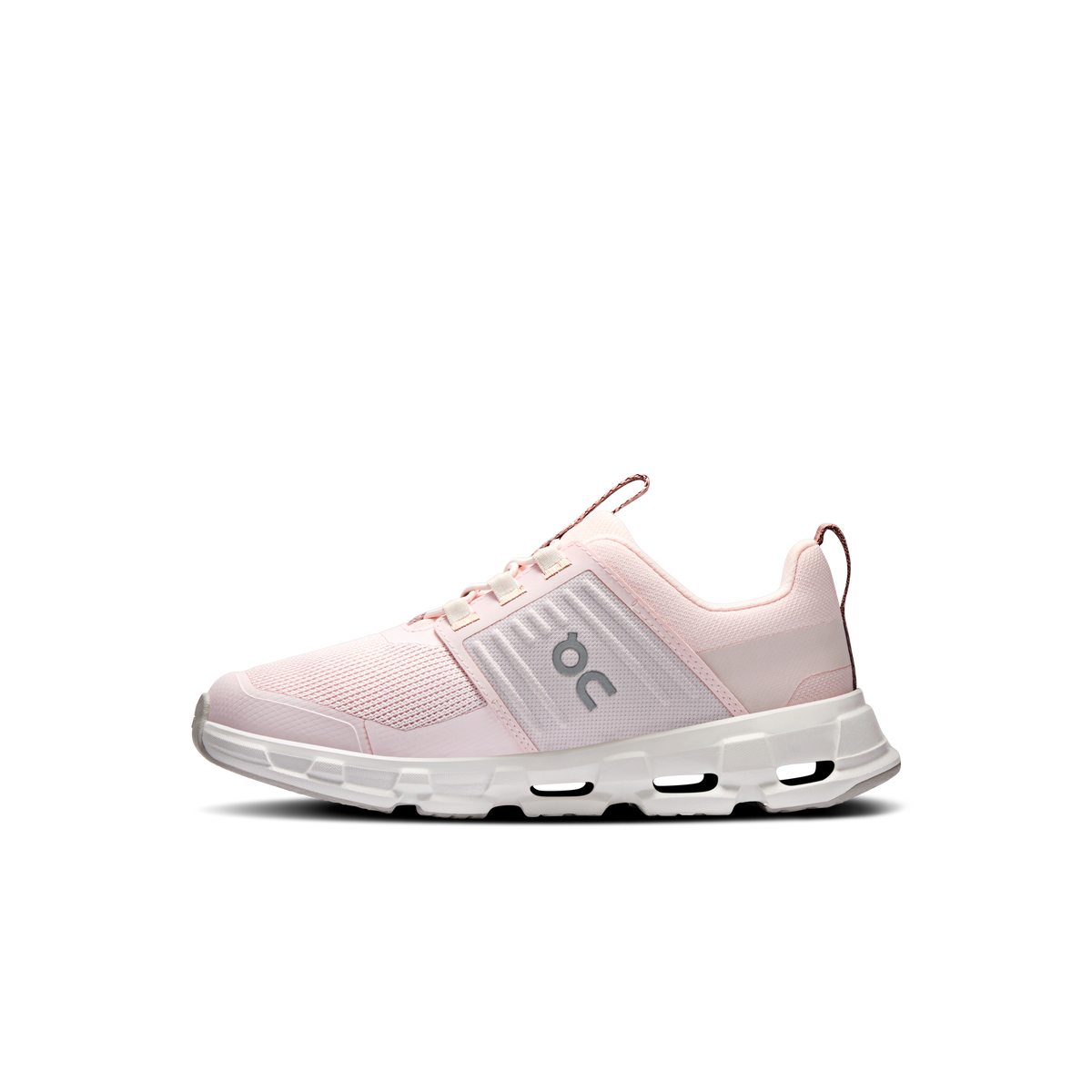 Kids' lace-up running shoes, pale pink mesh upper and white midsole, side profile