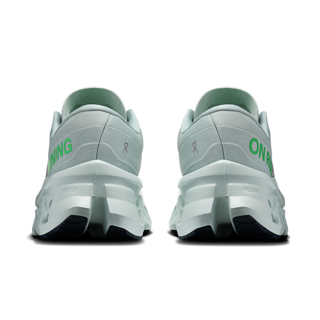 Women's running shoes, back view: light gray heel with mint ON RUNNING logo