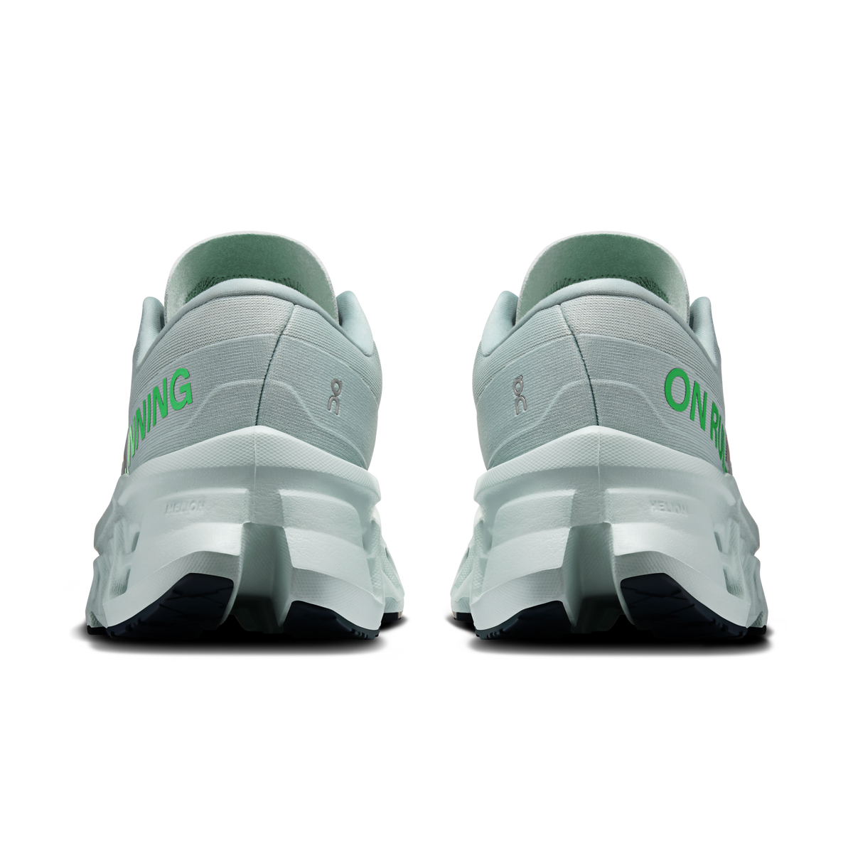 Women's running shoes, back view: light gray heel with mint ON RUNNING logo