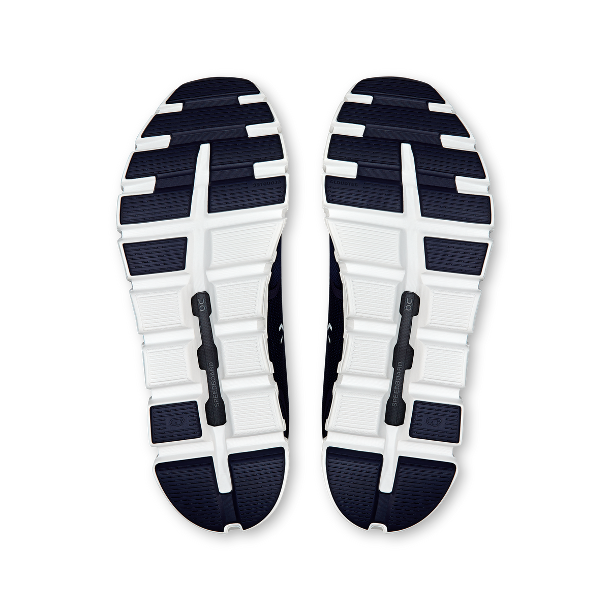 Pair of navy-and-white shoe outsoles with tread pods and On branding