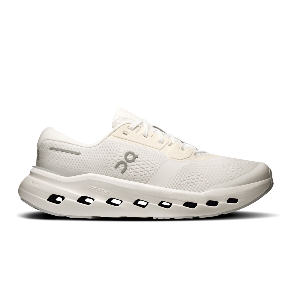 Men's white running shoes with lace-up front and CloudTec cushioning pods
