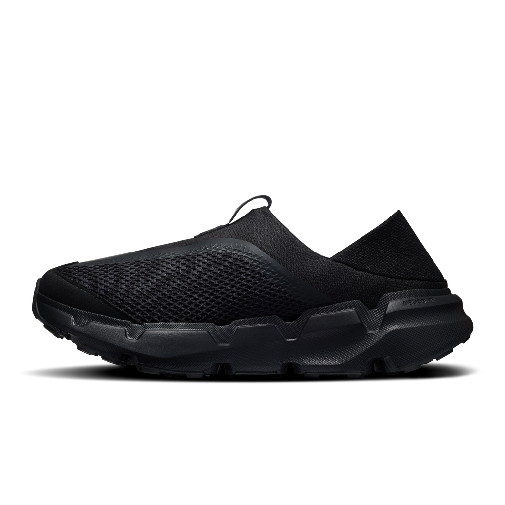 Women's black slip-on moc shoes, angled side view with cushioned midsole