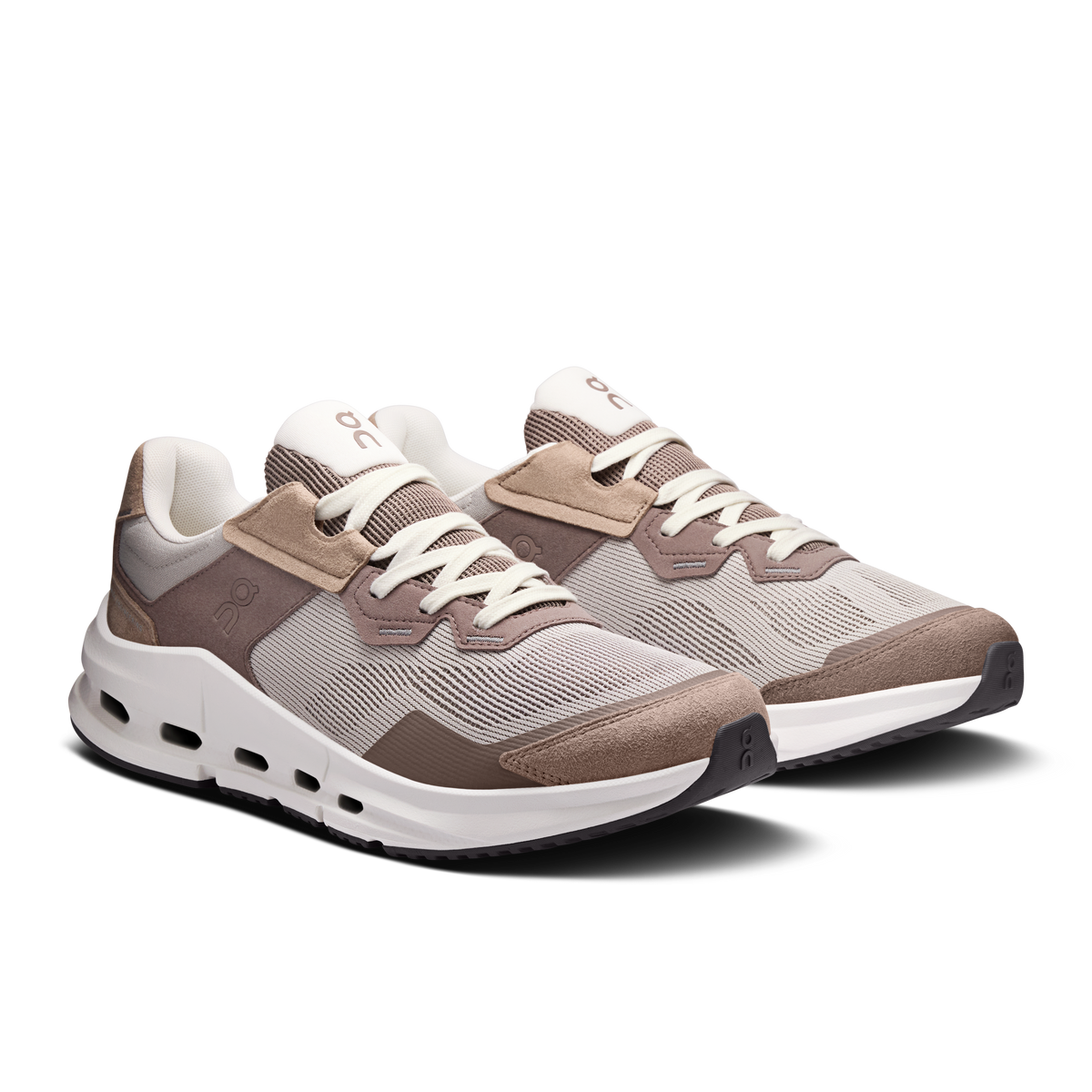 Men's running shoes front view, fog and ash knit upper, lace-up, white CloudTec sole