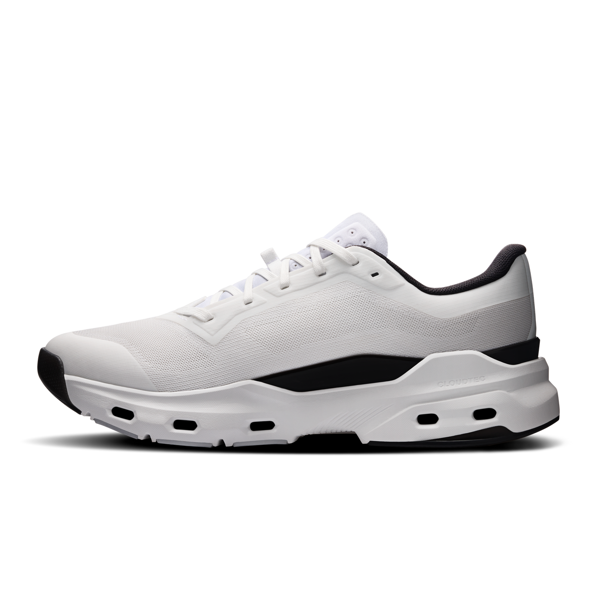 Men's white running shoes with black toe cap, side profile and CloudTec pods