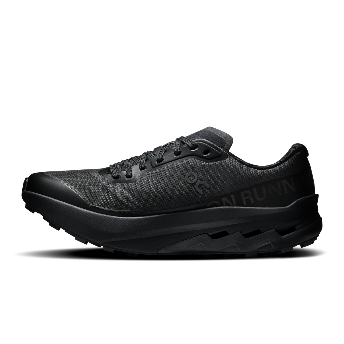 Women's black running shoe profile, lace-up upper and chunky rocker sole