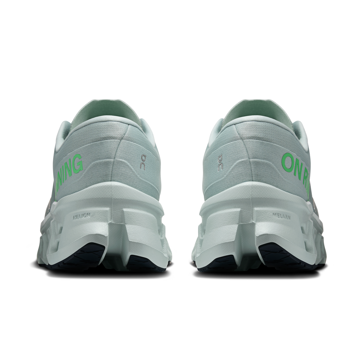 Men's wide running shoes heel view, light blue mesh with green ON logos