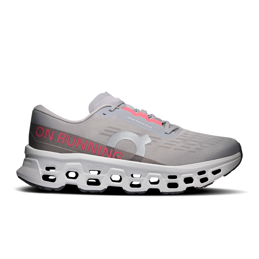 Men's On Cloudmonster 3 running shoes, light gray with pink accents and white sole pods