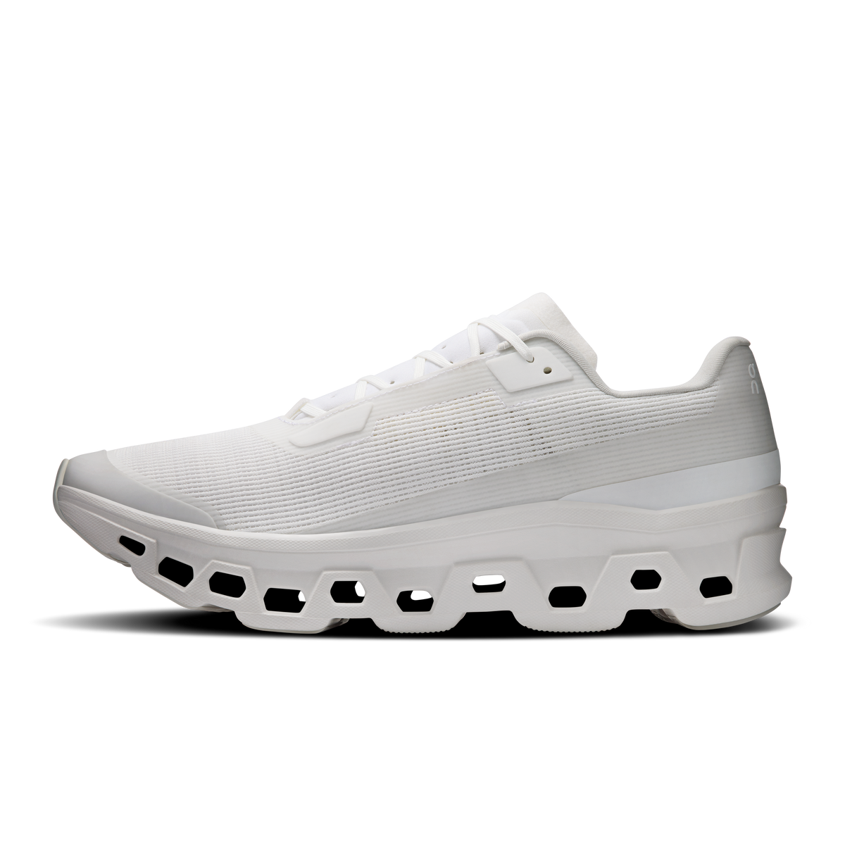 Men's white running shoes with lace-up upper and CloudTec pod outsole at the side
