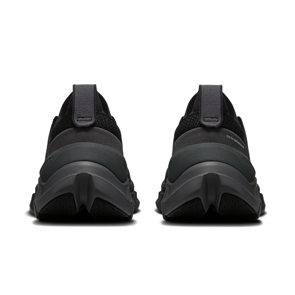Men's black running shoe heel view with padded collar and lace-up closure