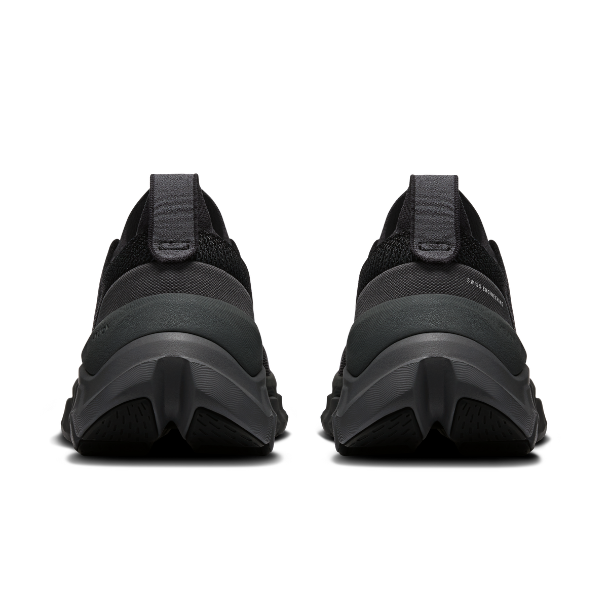 Men's black running shoe heel view with padded collar and lace-up closure