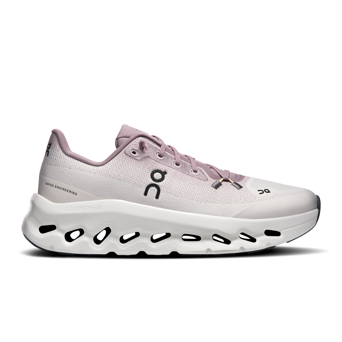 Women’s On running shoe with light mauve mesh upper and white Cloudtilt sole