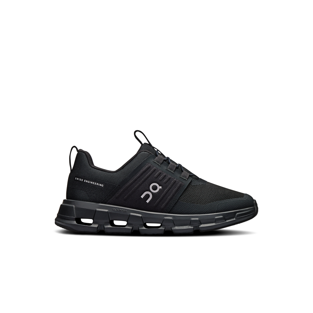 Kids' black running shoes with On logo and hook-and-loop straps