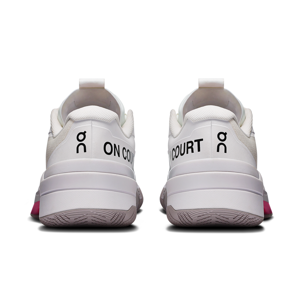Men's On Running Roger Pro Fire heel view, white with 'ON COURT' branding and pink tab