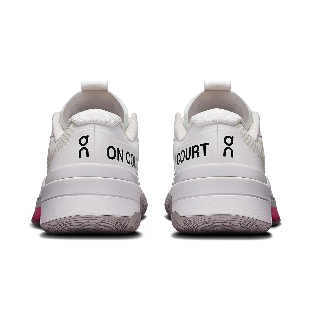 Men's On Running Roger Pro Fire heel view, white with 'ON COURT' branding and pink tab