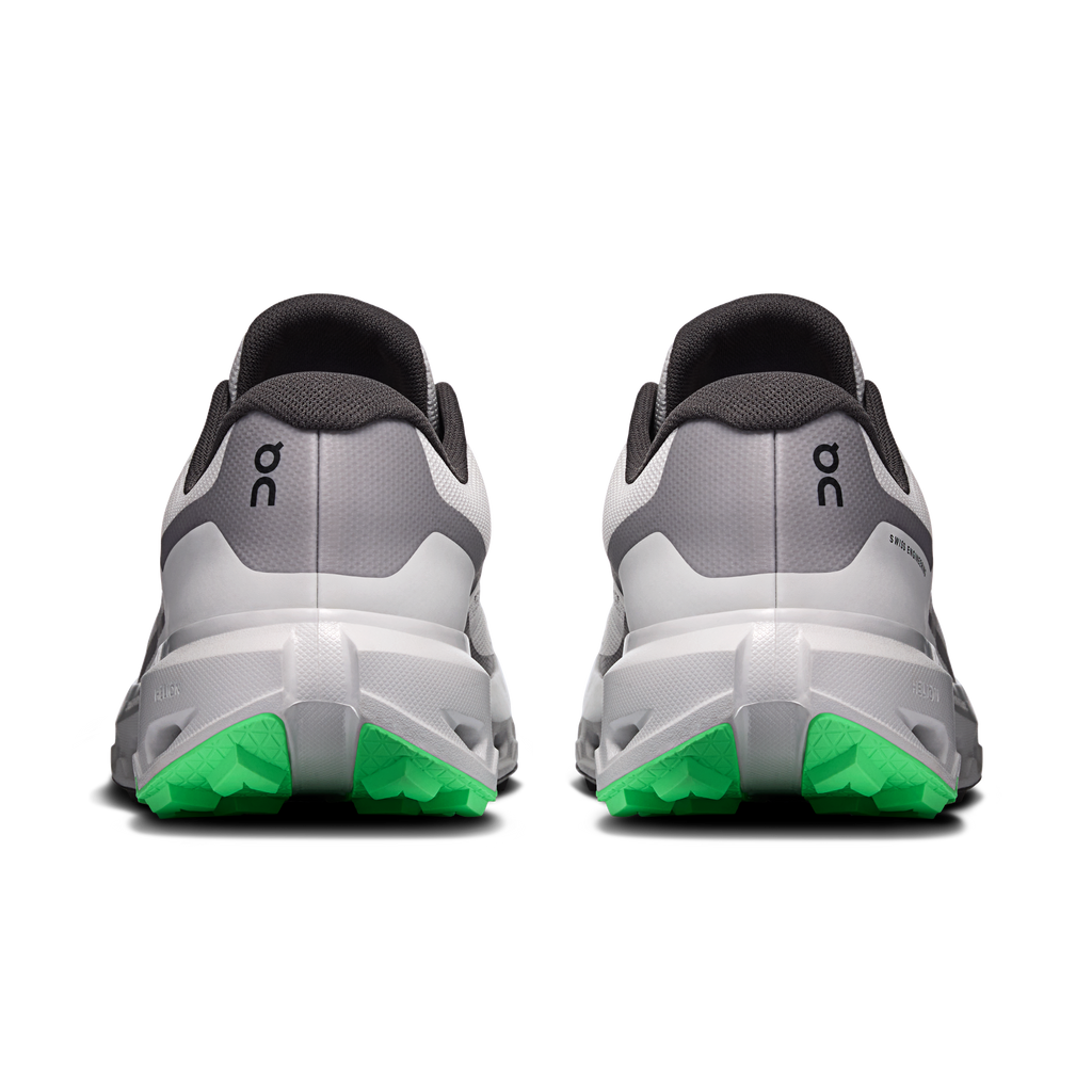 Men's waterproof running shoes, rear view with black collar and green heel outsole
