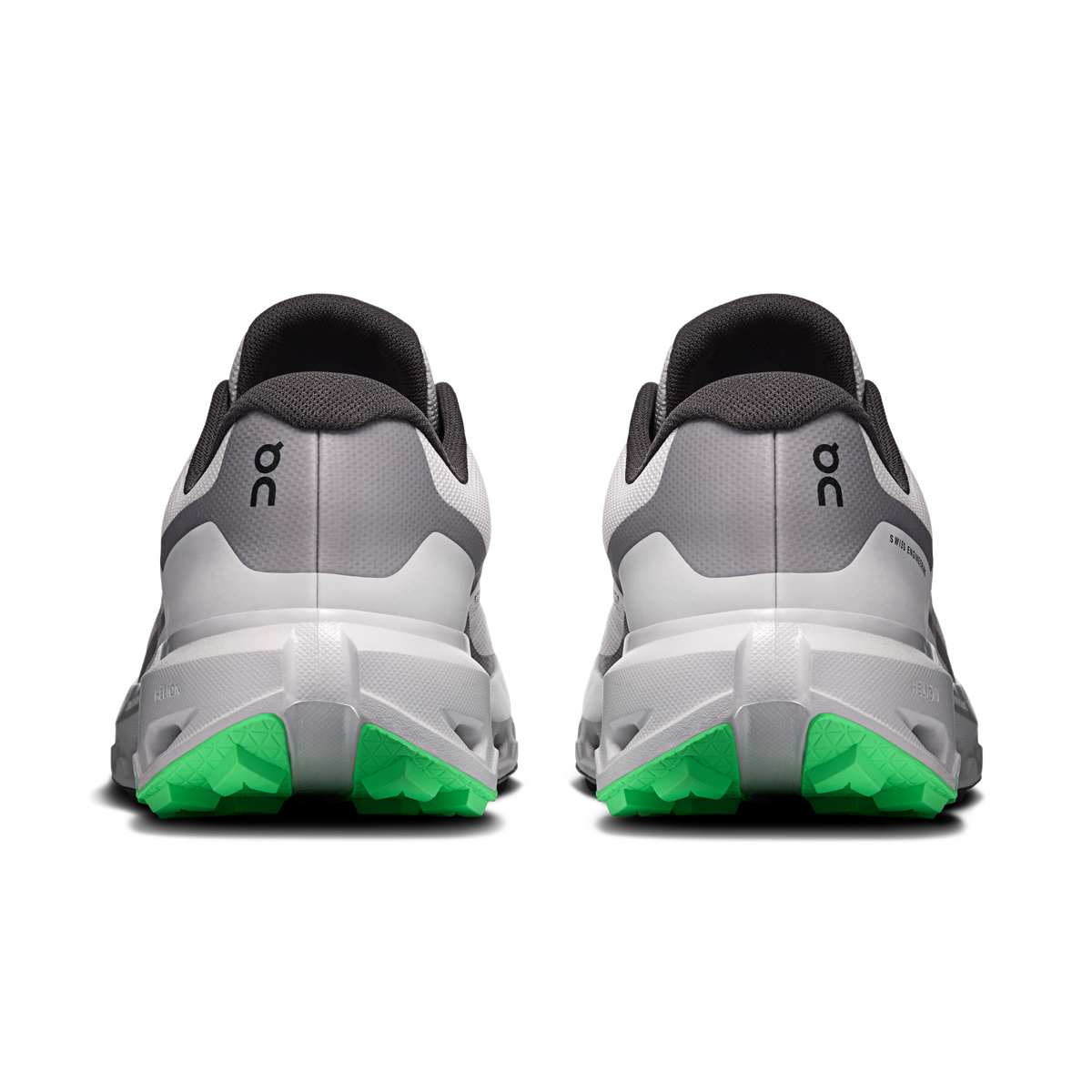 Men's waterproof running shoes, rear view with black collar and green heel outsole
