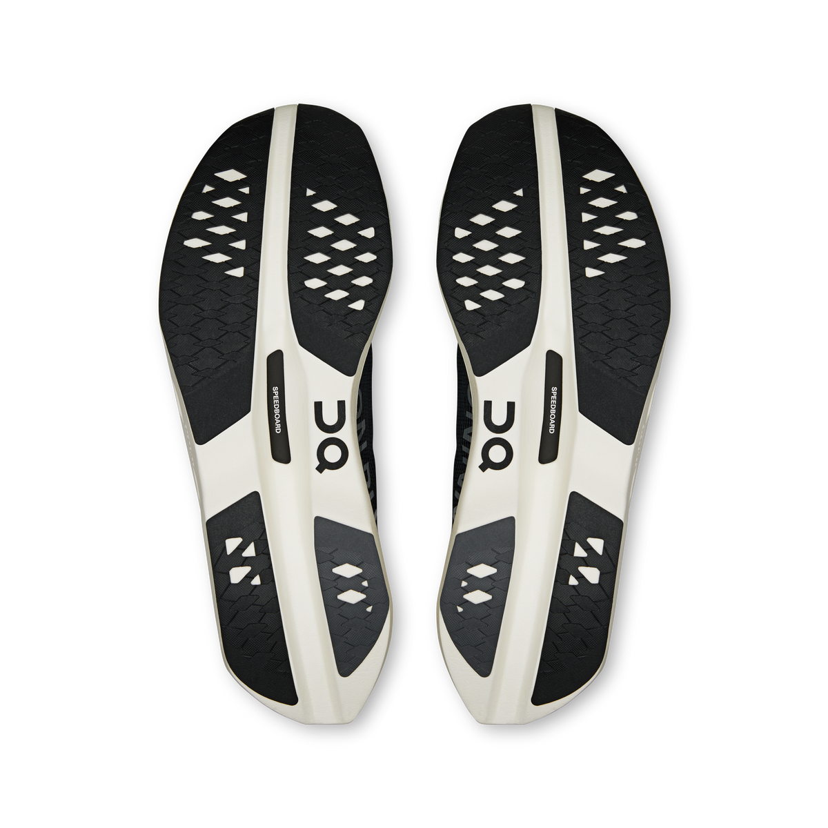 On men's running shoes, pair outsole view with black tread and white side panels