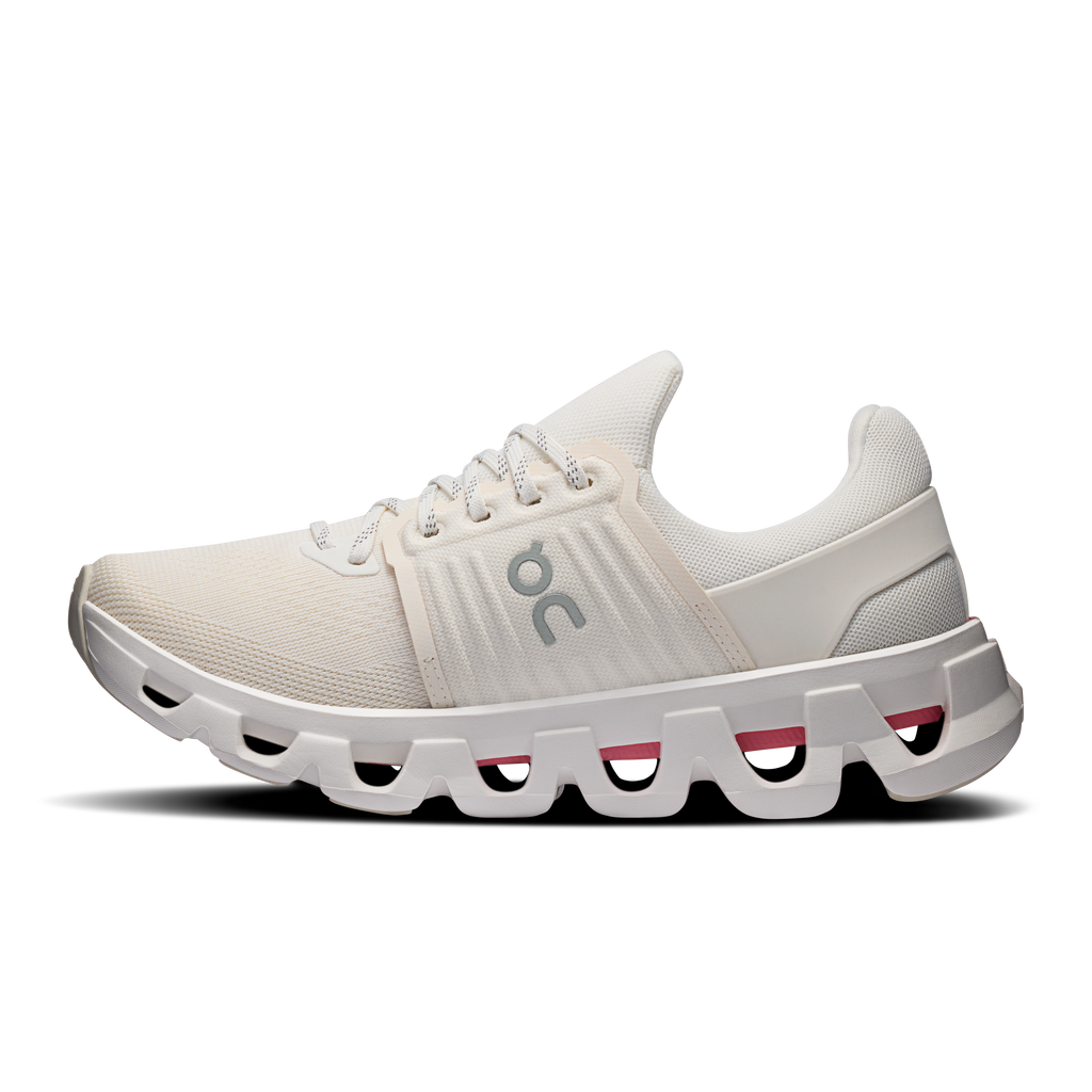 On Cloudswift 4 running shoe, ivory knit upper with padded collar and white cloud sole