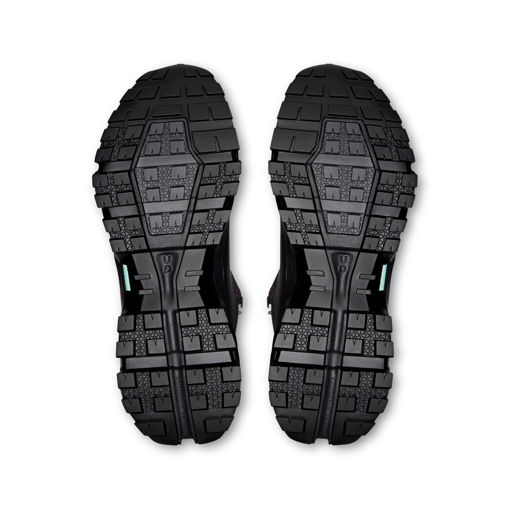 Pair of black rugged outsoles with deep tread pattern