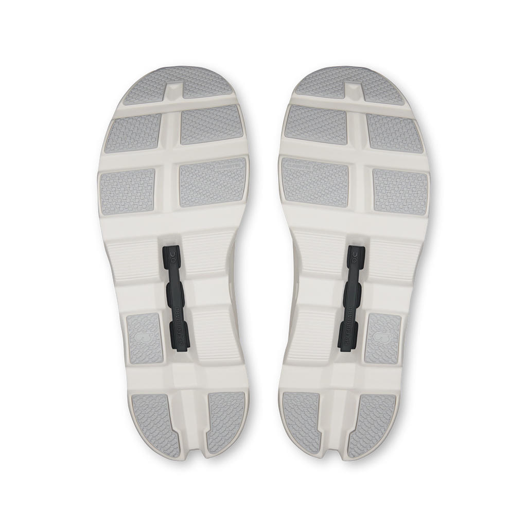 Pair of shoe outsoles in white with gray traction pads and center support