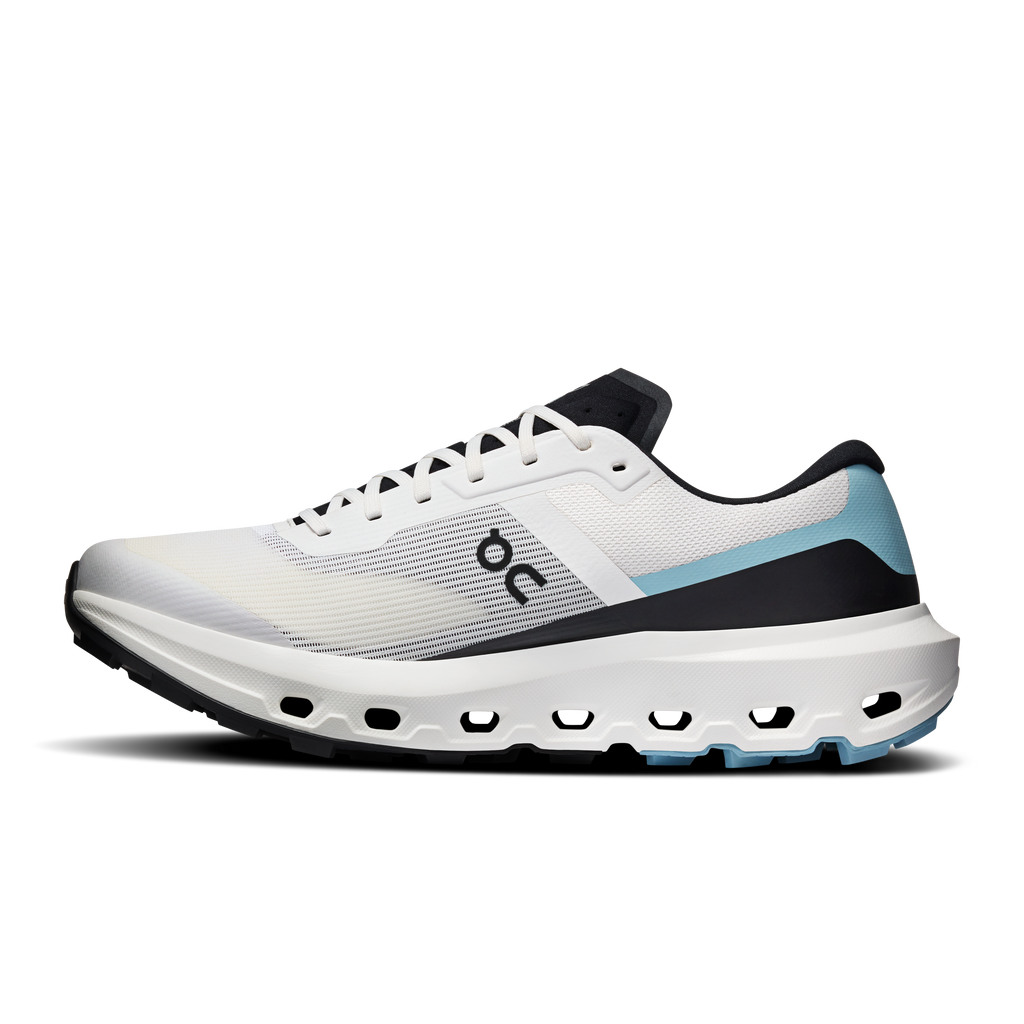 Men's ivory running shoes with black collar, blue side stripe, and cushioned pod sole
