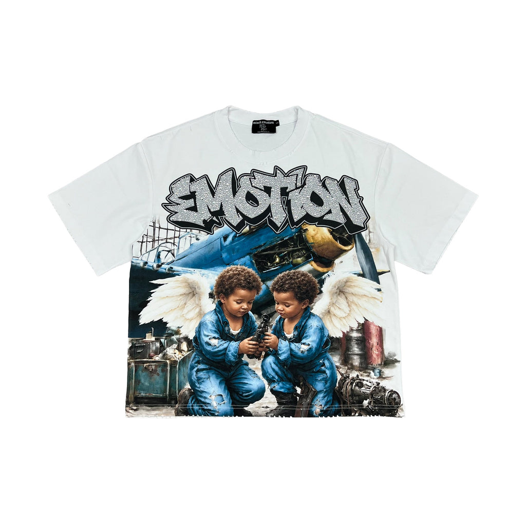 Men's white crewneck T-shirt with large multicolor graphic print and two blue-clad kids