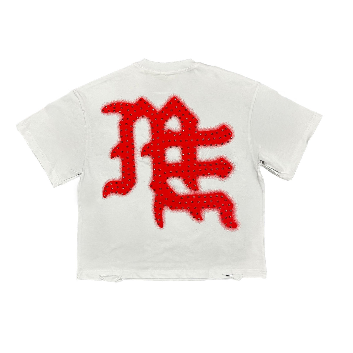 Men's white rhinestone tee with red rhinestone back graphic